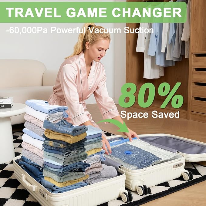 Mapambo Travel Game Changer- 12-Pack Travel Vacuum Bags with Smart-Stop Technology Pump, ≤60dB Silent Travel Essential, Travel Vacuum Bags for Luggage, Cruise Essentials