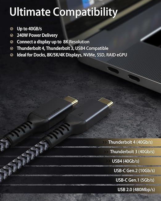 Maxonar 10FT Long Thunderbolt 4 Cable with 40Gbps Data Sync/240W Charging and 8K for Thunderbolt 4/3, USB4, and USB C Devices
