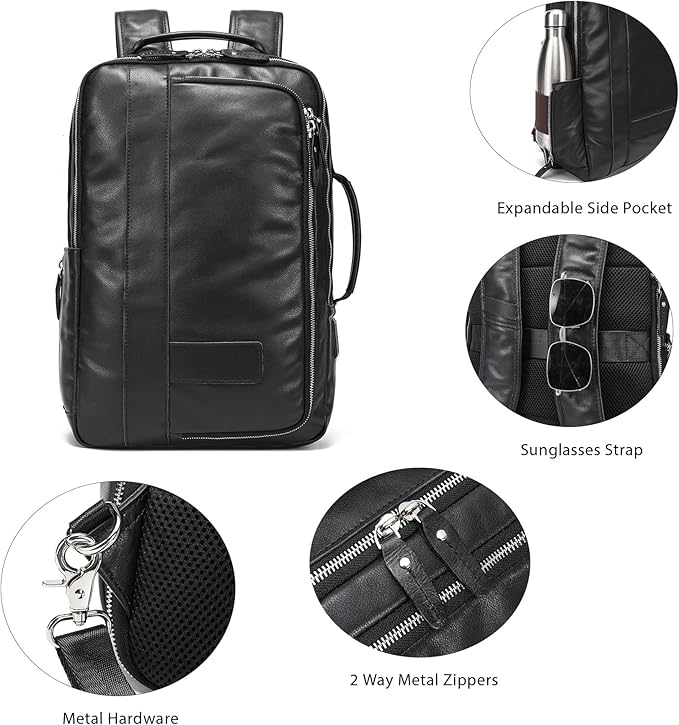 LANNSYNE Vegetable Tanned Leather Backpack for men, Expandable Leather Backpack Fits 15.6 Laptop, Tote Shoulder Travel Bag Rucksack