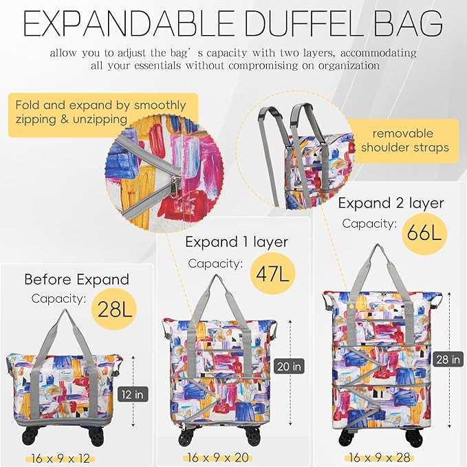 VOOWO Duffel Bag with Wheels - Rolling Foldable Expandable Duffle Bag with Wheels for Travel, Rolling Luggage Carry On Bag with Wheels, Large Rolling Backpack Weekend Bags for Men Women (Gray)