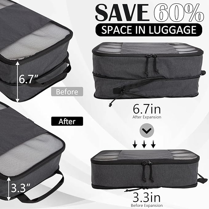 Compression Packing Cubes for Travel Essentials, 2 Set Expandable Compression Bags for Travel Packing Cubes for Suitcase Luggage Organizer Bags, Black Mesh