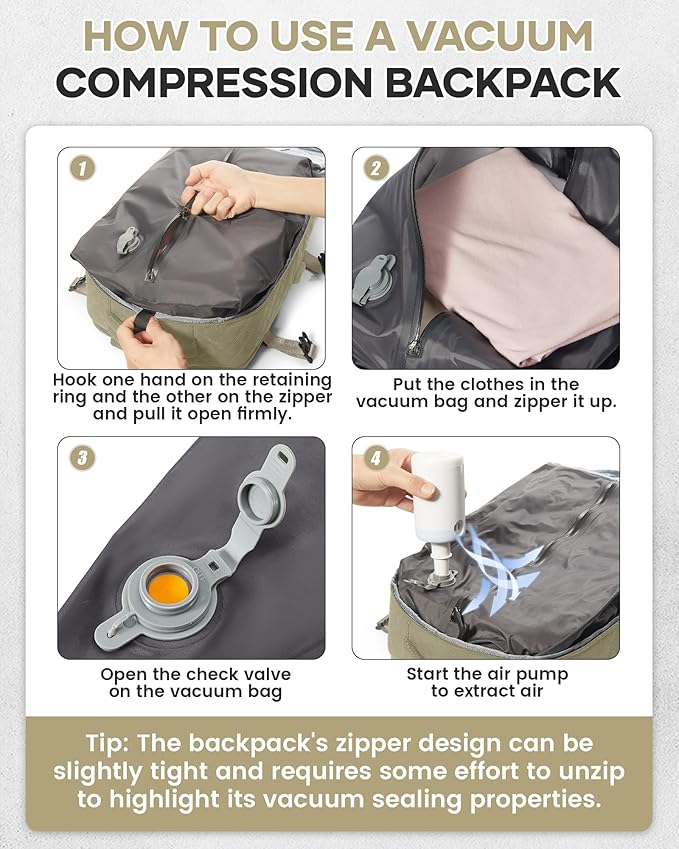 Vacuum Travel Backpack with Pump for Women,Personal Item Carry on Backpacks Flight Approved 18x14x8 inches for Men,Laptop Waterproof Work Compression bags Casual Daypack Khaki.