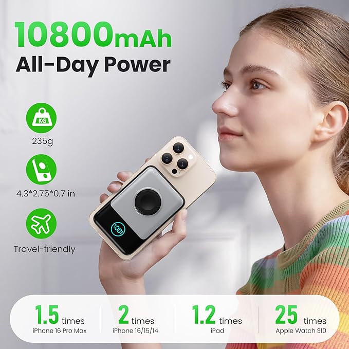 Magnetic Portable Charger for iPhone, 3-in-1 10800mAh Qi2 15W Wireless Power Bank with iWatch Charger,30W PD Fast Charging USB-C LCD Display Battery Pack for Magsafe,iPhone 16/15/14/13/12, Apple Watch