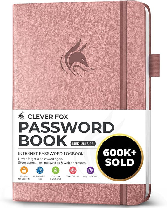 Clever Fox Password Book with alphabetical tabs. Internet Address Organizer Logbook. Medium Password Keeper for Website Logins (Rose Gold)