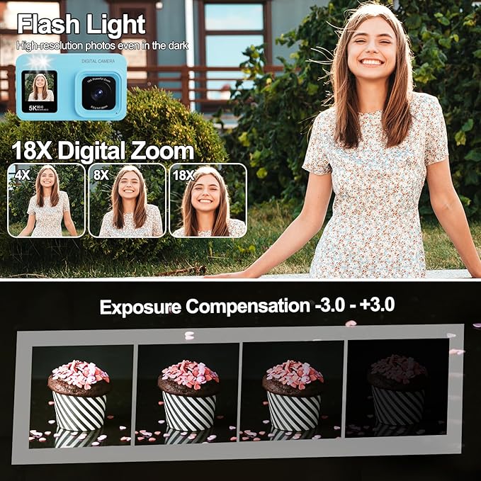 Upgraded 5K Dual Screen Digital Camera,80MP Vlog Photography Camera for YouTube,Campus,Travel,Compact Point & Shoot Camera for Teens & Beginners with Autofocus,18x Zoom,Anti-Shake,Blue
