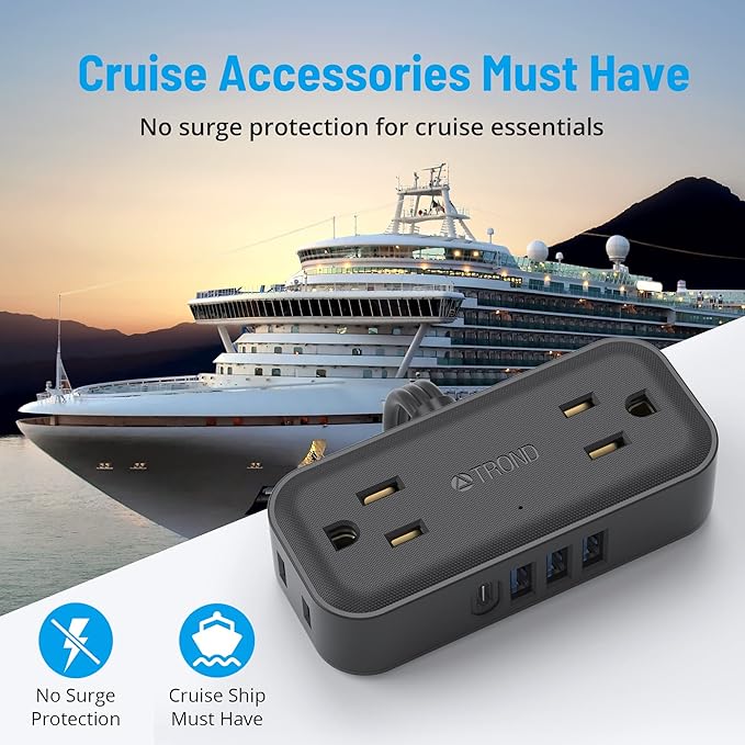 TROND Travel Power Strip with USB Ports, 5ft Flat Plug Extension Cord with Multiple Outlets, Small Wall Mount Extender Adapter for Office Dorm Room Essentials, Black