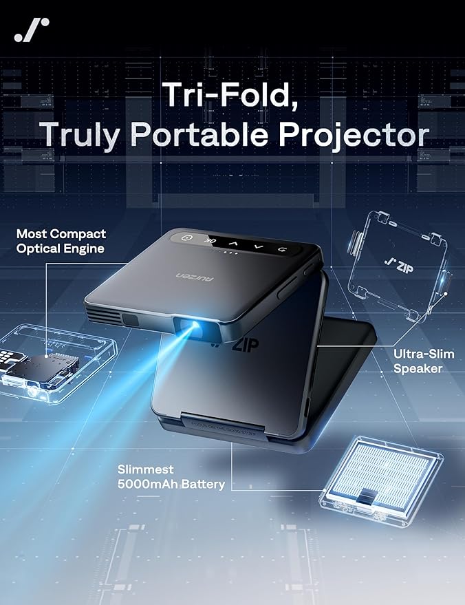 Aurzen ZIP Tri-Fold DLP Ultra-Portable Mini Projector with Bluetooth 5.4, Screen Mirroring, 5000mAh Battery, Type-C Fast Charging, Zero-Lag Focus&Keystone, Pocket Pico Projector, Built-in Stand, Grey