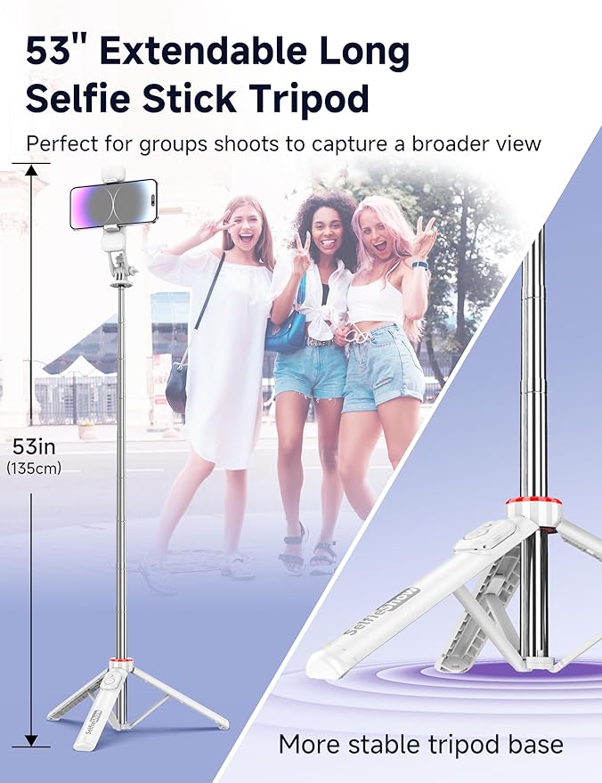 Selfie Stick Tripod with 2 Light, 3 Light Modes & 6 Brightness Levels Extendable Phone Tripod with Detachable Remote & Phone Holder, Portable Camera Tripod Compatible with iphone16 15 14 13/Android