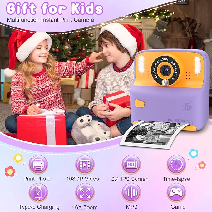 Kids Instant Print Camera, Portable Travel Toys Camera for Toddler, Print Black & White Photos Instantly, Ideal Birthday for Boys & Girls Ages 3–12 with Selfie Mirror (Purple)