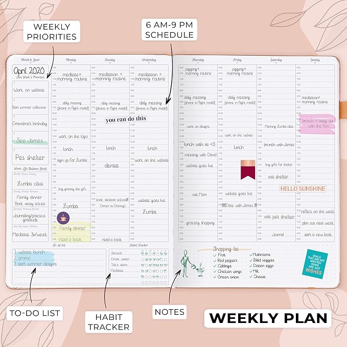 GoGirl Planner PRO Schedule - Undated Planner with Hourly Time Slots, Monthly, Weekly & Daily Organizer, Appointment Book for time Management, 7"x10" Hardcover, Lasts 1 Year - Peach Pink