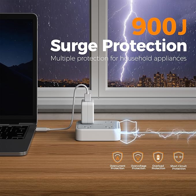 Surge Protector Flat Extension Cord 15Ft, TESSAN Flat Plug Power Strip with 4 Outlets 3 USB Ports (1 USB C), 900 Joules Protection, Multiple Wall Outlet Extender Suitable for Home Office Dorm, Grey