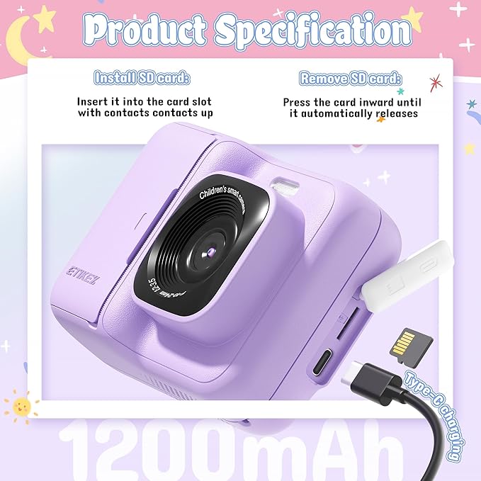 Kids Camera, 1080P Instant Digital Print Camera for Kids, Christmas Birthday Gifts for 4 5 6 7 8 9 10 Year Old Girls Boys, Portable Toy with 32GB SD Card & 3 Rolls Printing Paper, Purple