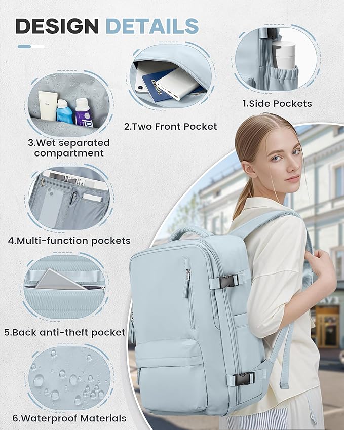 Vacuum Travel Backpack with Pump for Women, Personal Item Carry on Backpacks Flight Approved 18x14x8 inches for Men,Laptop Waterproof Work Compression bags Casual Daypack,Blue