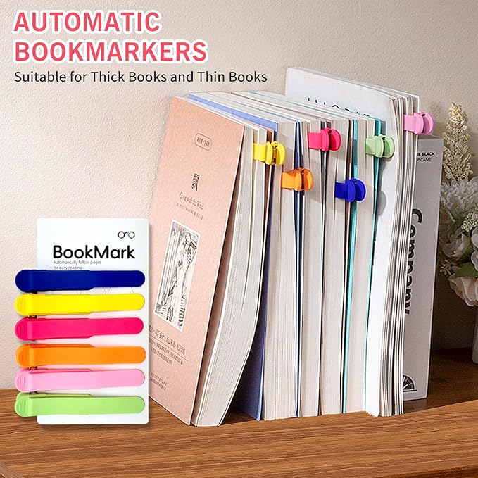 6pcs Page Bookmarks for Reading, Automatic Book Marks Tailored for Enthusiasts, Unique and Cute Book Page Holder Markers Clip Reading Accessories Gifts