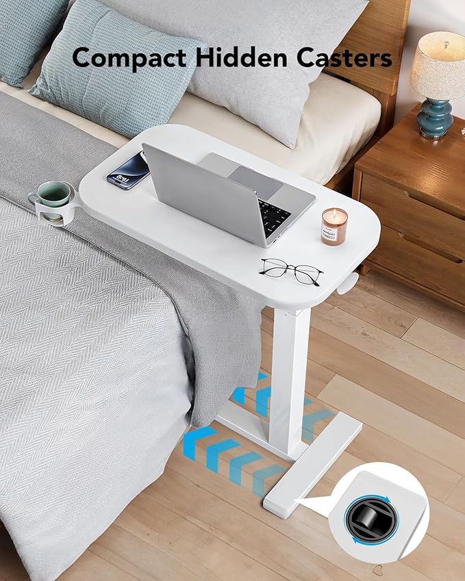 HUANUO Bedside Table with Wheels, Height-Adjustable Rolling Computer Cart, Overbed Table with Cup Holder, Pneumatic Laptop Standing Desk for Home Office, White (31.5" x 17.7")