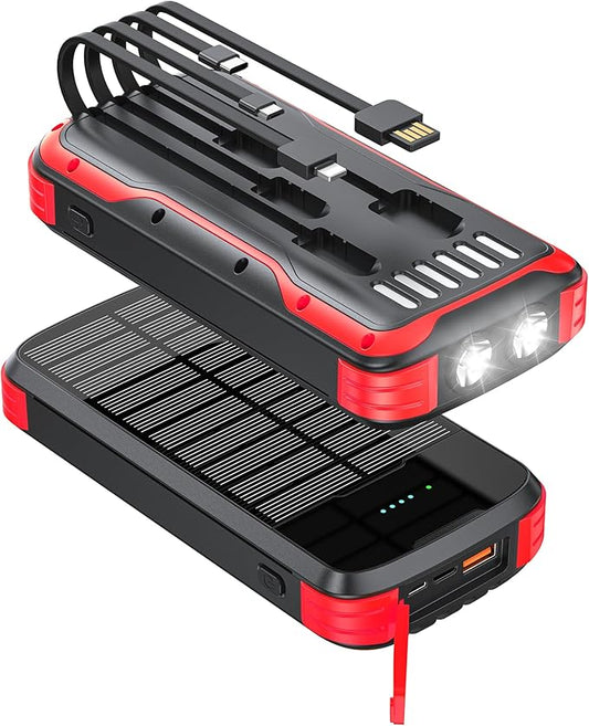 Solar Charger Power Bank, 40000mAh Portable Charger PD 20W Fast Charging Solar Power Bank Built in 4 Cables and USB-C in/Output, Camping Essentials External Battery Pack with Flashlights
