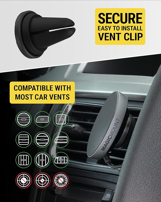 Scosche MPQMRDV MagicMount Charge Pro Qi2 MagSafe Car Mount Charger, 15W Fast Magnetic Wireless Charging Phone Holder for Dashboard/Vent Compatible with iPhone 16/15/14/13/12 Pro Max Plus, Samsung S25