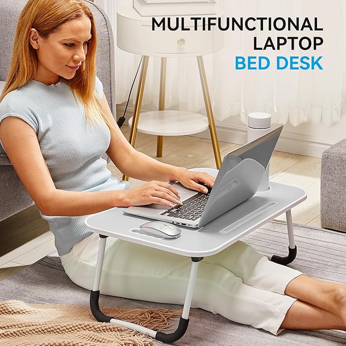 BUYIFY Folding Lap Desk, 23 Inch Portable Wood Grey Laptop Bed Desk Lap Desk with Cup Holder, for Working Reading Writing, Eating, Watching Movies for Bed Sofa Couch Floor