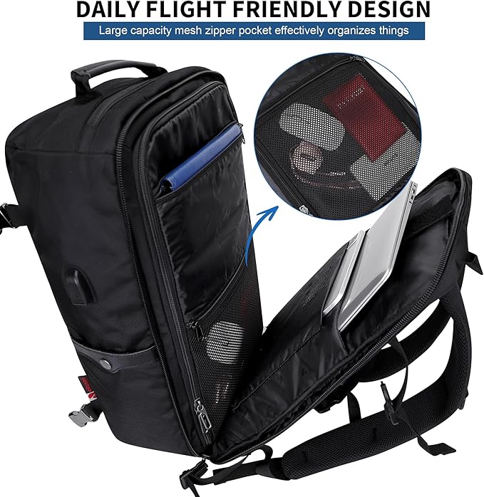 WITZMAN Travel Backpack for Men Women Laptop Backpack with USB Charging Port Carry-on Luggage Flight Approved(B686 Black)