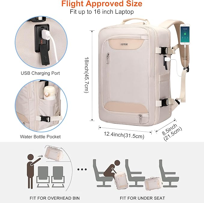 PIJUSHI Travel Backpack for Women Flight Approved Carry on Bag 16 inch Laptop Personal Item Daypack with Shoe Compartment(PE038 Beige)