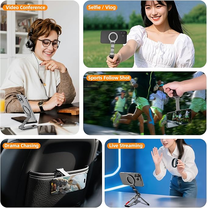 Magnetic Phone Tripod Stand for iPhone, Aluminium Lock Mini Tripod with Arca-Swiss, for MagSafe Smartphone Holder Quick Mount with 1/4'' Screw Hole and Cold Shoe for iPhone 17 16 15 14 13 12