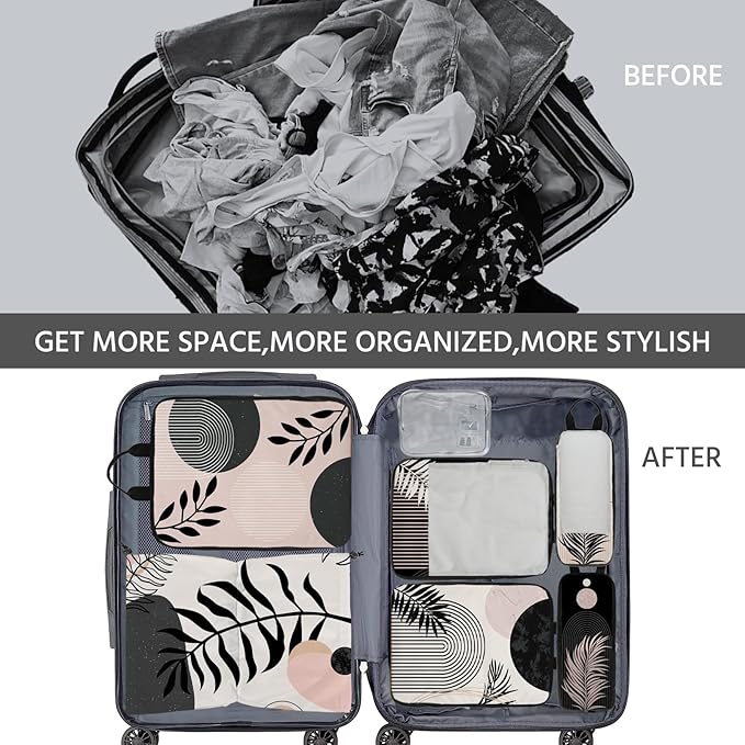 7 Pcs Compression Packing Cubes for Travel, Waterproof Suitcase Luggage Backpack Organizer with Toiletry Bag Travel Essentials for Women/Men-Black Bohemia