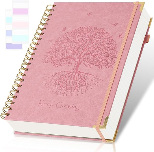 Spiral Notebook, College Ruled Notebook, 8.5" x 11", 300 Pages Leather Journals for Writing, A4 Hardcover Journaling Notebooks for Work School, 24pcs Tabs, Large Embossed Journal for Women Men, Pink