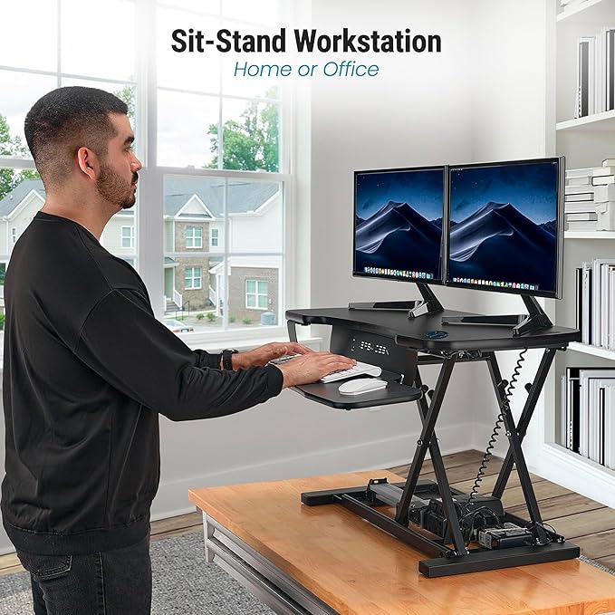 VERSADESK PowerPro™ 36 Inch Electric Standing Desk Converter, Height Adjustable Sit to Stand Up Desk Riser, Laptop and Dual Monitor Desktop Workstation with Wide Keyboard Tray and USB Port, Black