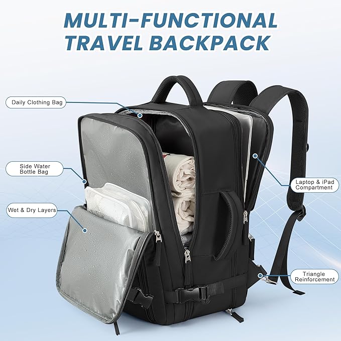 Beraliy Travel Backpack for Men Women, Large Carry On Backpack, Personal Item Bag Airline Approved, 17 inch Laptop Backpack, Business Work Gym Weekender Bag, Black