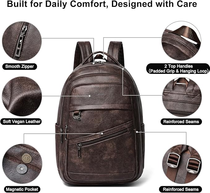 43L Backpack for Women Men - Vegan Leather Backpack Purse Travel Carry-on Bag College Bookbag Work fits 17" Laptop, Coffee