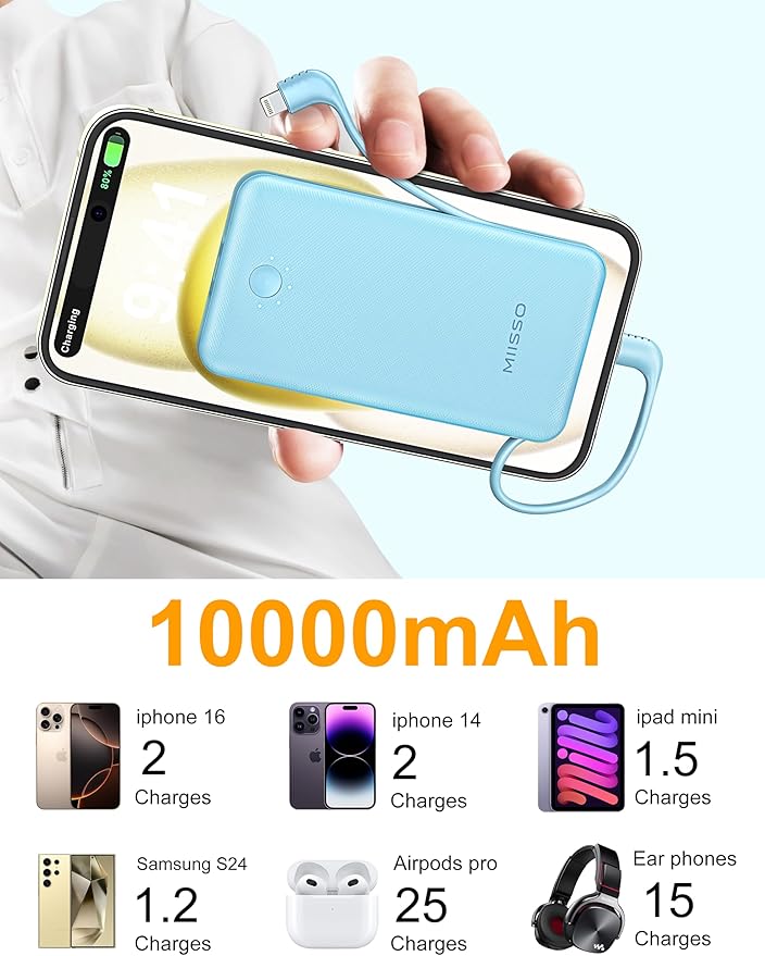 miisso Ultra Slim 10000mAh Power Bank Built-in Cables and Foldable AC Wall Plug, Pocket Size USB C Portable Charger, External Battery Pack Compatible with iPhone Samsung iPad etc, Blue