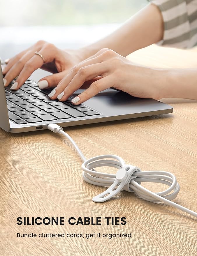 10Pack Silicone Cable Ties Cord Organizer - Lamicall Elastic Wire Ties Management, Desktop Travel Must Haves, Desk Home Office Workspace Accessories, Dorm Room Essentials, White Cord Keeper for Cables