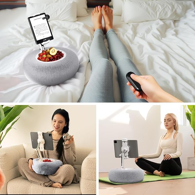 Tablet Pillow Stand for Reading, Adjustable Tablet Stand Phone Holder for Bed with Detachable Snack Bowl, Fits 4.7"-13" Kindle/Phones/Tablets, Watch Videos, Stream Media, Gray