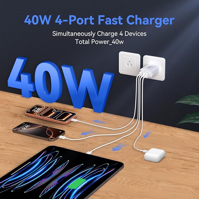 USB C Wall Fast Charger Block, 40W 4-Port Type C Charger Fast Charging Blocks PD Power Charger Adapter+QC 3.0 USB Multiport Charger Brick for iPhone 17/16/15/14/13/12 Pro Max, iPad, Galaxy S25-2Pack