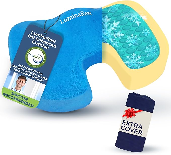 LuminaRest® Gel Seat Cushion for Long Sitting – CertiPUR-US® Certified Memory Foam – Tailbone Pain Relief Cushion, Adaptable for Office, Car, Airplane & Wheelchair – (Blue)