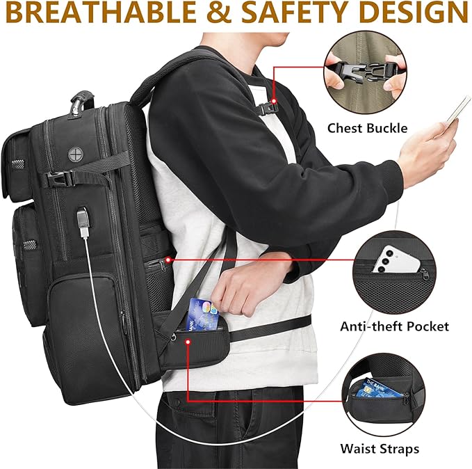 MATEIN Expandable Travel Backpack With Shoe Compartment, 52L Large Luggage Suitcase with Waist Straps & USB Charging Port, 17 Inch TSA Laptop Backpack With 3 Packing Cubes for Men, Black