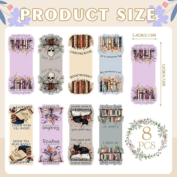 Bookish Magnetic Bookmark Gifts - 8Pcs Book Lovers Bookmarks Magnetic Book Mark Magnets Cat Flower Book Mark Magnet Vintage Bookmark Page Markers Clip for Women Reading Students Teachers