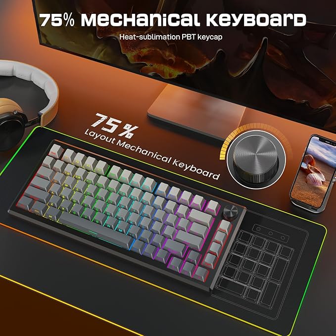 Redragon K732 Wireless Mechanical Keyboard, Anodized All Aluminum Alloy, Side Printed PBT Gasket RGB Gaming Keyboard with Thick Pre-Lubed Linear Switch, 75％ Tri-Mode Hot Swap Programmable for PC Mac