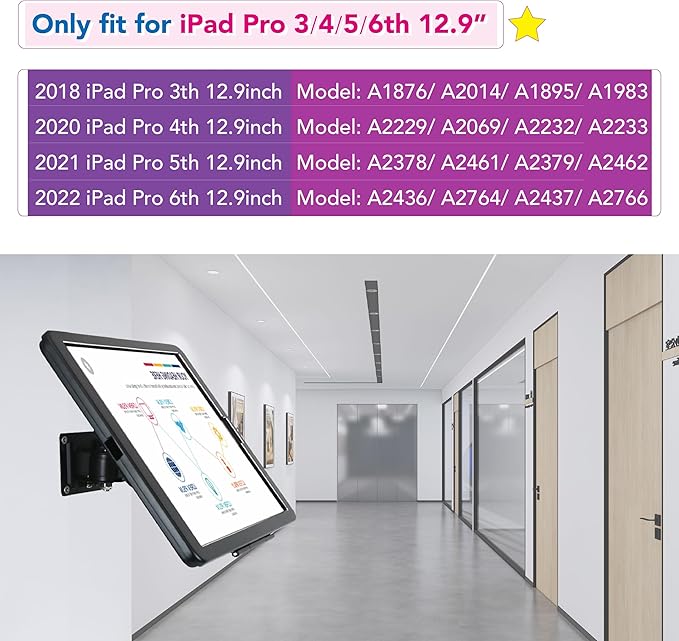 WeSTRUGGLEOn Wall Mount Bracket for 12.9" iPad Pro (6,5,4,3th,Gen.),Excluding 12.9" iPad Pro (1,2th,Gen.),with Anti Theft Security Lock &Key, Rotate Design Arbitrary Adjustment,Metal,(Black)