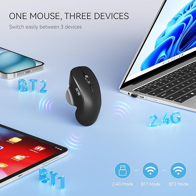 Uiosmuph Mini Wireless Bluetooth Mouse for Travel, Silent Rechargeable Computer Mouse for Laptop, Small Portable BT5.1/5.0 & 2.4Ghz with USB Receiver and Type C Adapter - Black