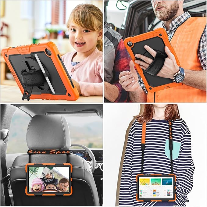 SEYMAC stock Case for Samsung Galaxy Tab A9+ Plus 11'', Full-Body Drop Protection Case with Screen Protector Pencil Holder [360° Rotating Hand Strap] &Stand, Orange+Black