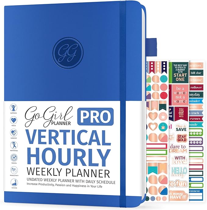 GoGirl Planner PRO Schedule - Undated Planner with Hourly Time Slots, Monthly, Weekly & Daily Organizer, Appointment Book for time Management, 7"x10" Hardcover, Lasts 1 Year - Blue
