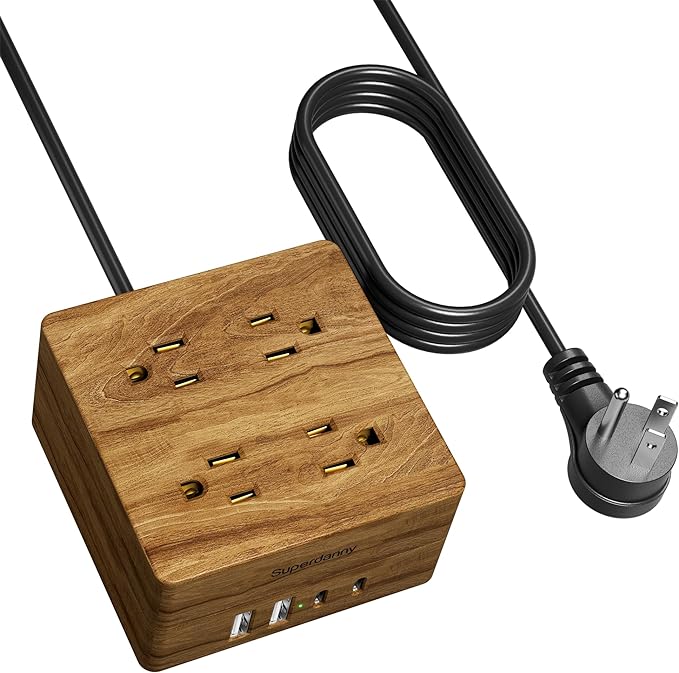 USB Power Strip Surge Protector - SUPERDANNY Desktop Extension Cord with 4 Widely Spaced Outlets & 4 Smart USB Ports, Portable Charging Station for Home, Office, Hotel, Dorm, RV, Faux Walnut Grain
