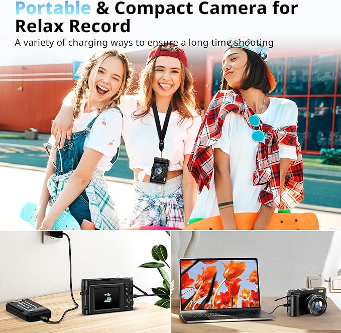 4K Digital Camera for Photography and Video, Autofocus 48MP Vlogging Camera for YouTube with 3'' 180°Flip Screen 16X Zoom Compact Travel Cameras with SD Card, 2 Batteries, Anti-Shake, Flash (Black)