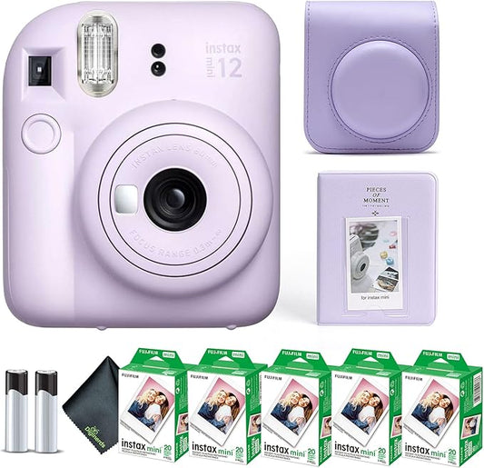 Fujifilm Instax Mini 12 Instant Camera Lilac Purple Bundle with Fuji Instax Mini Film Value Pack (100 Sheets) + Protective Carrying Case + Photo Album + Microfiber Cleaning Cloth