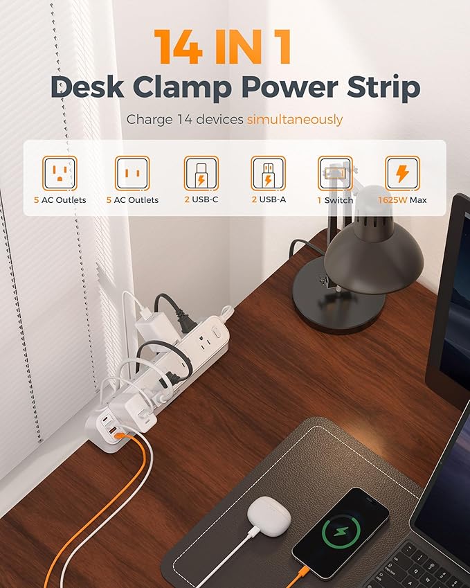 Desk Clamp Power Strip 6Ft, TESSAN Flat Extension Cord with Multiple Outlets, 10 Outlets with 4 USB (2 USB C), Flat Plug, 1625W, Charging Station for Gaming Cruise Travel Office Dorm Room, White