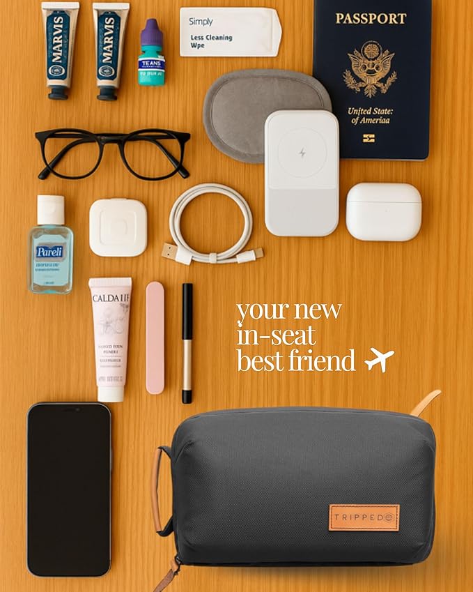 Tech Bag Organizer - Small Electronics Organizer Pouch for Travel - Premium Travel Case with Leather Accents - Mesh Pocket for Cables, Cords and Chargers (Grey)