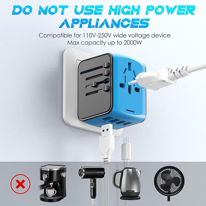 ISIX International Travel Adapter Universal Power Adapter Worldwide All in One 4 USB Perfect for European US, EU, UK, AUS,Asia 200+ Countries