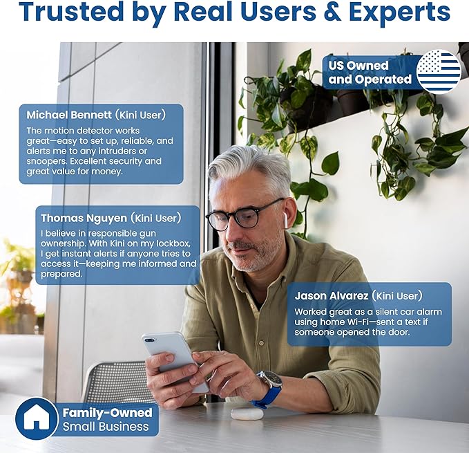 Kinisafe Alert, Wi-Fi Motion Sensor, Real-time SMS, Email, Push Alerts, IFTTT, Gun Safes, Cabinets, Home, Office, Easy Install, No Subscription, Long Lasting Rechargeable Battery