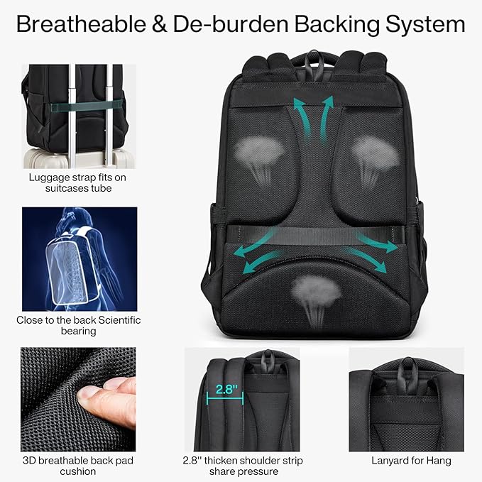 Hanke Expandable Travel Backpack 17 Inch, Full-Open Laptop Backpack Fits 15.6 Inch, Carry On Personal Item Bag with Luggage Strap, Business Work Backpack for Women Men, Black